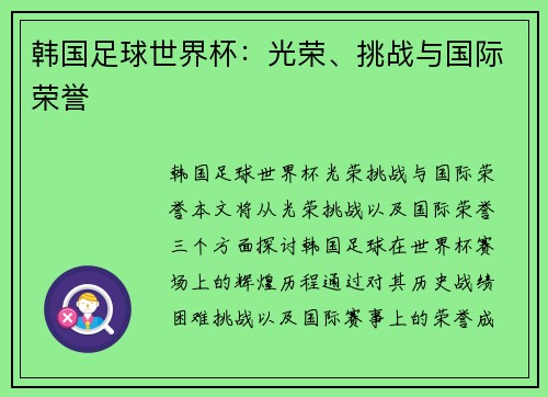 韩国足球世界杯：光荣、挑战与国际荣誉